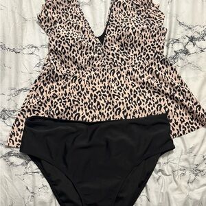 Leopard Print Swimsuit with Black Bottom